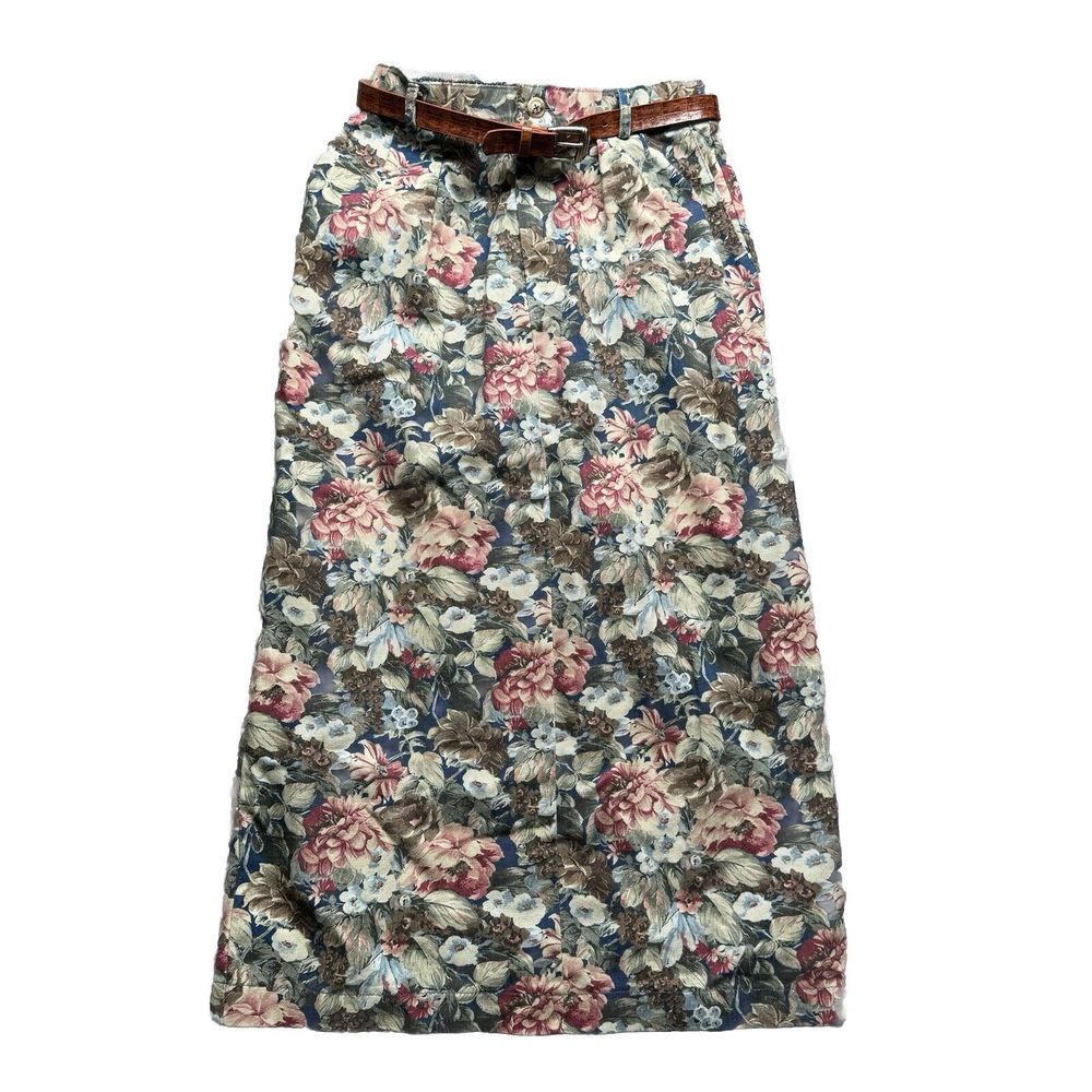 Vtg 80s Floral Denim Maxi Skirt Womens 12 Long Cottage Coastal Grandma Modest